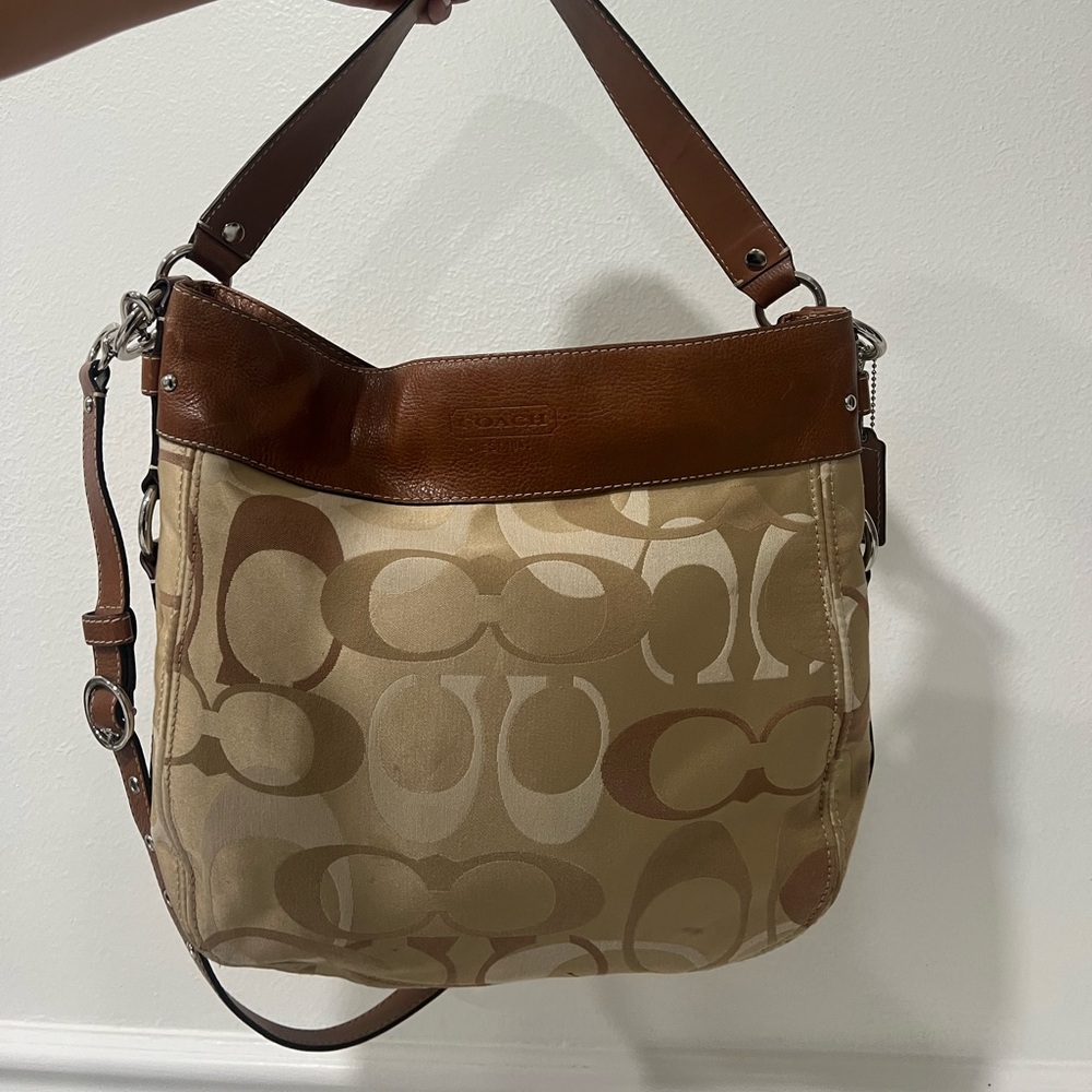 Coach Brown and Tan Signature Shoulder Bag